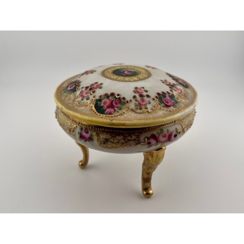 Antique Nippon Trinket Box Hand Painted Roses Gold Moriage Footed Porcelain